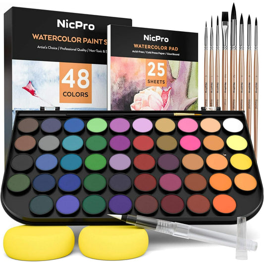 48-Color Watercolor Paint Set with Brushes and Art Supplies
