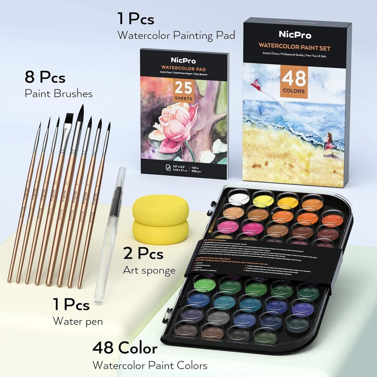 48-Color Watercolor Paint Set with Brushes and Art Supplies