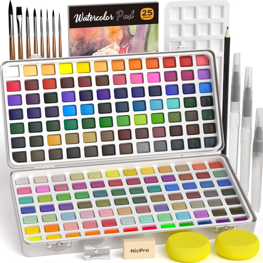 168-Color Watercolor Paint Set with Brushes, Paper, Palette Kit