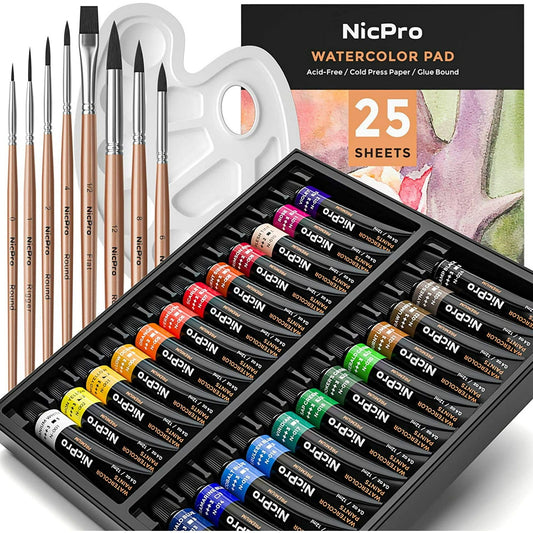 60-Piece Watercolor Paint Kit – Tubes, Brushes, Paper, Palette Set