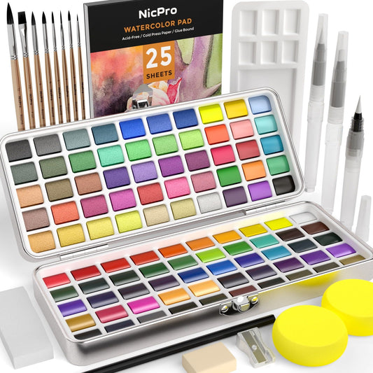 100-Color Watercolor Paint Set with Brushes, Paper, Palette Kit