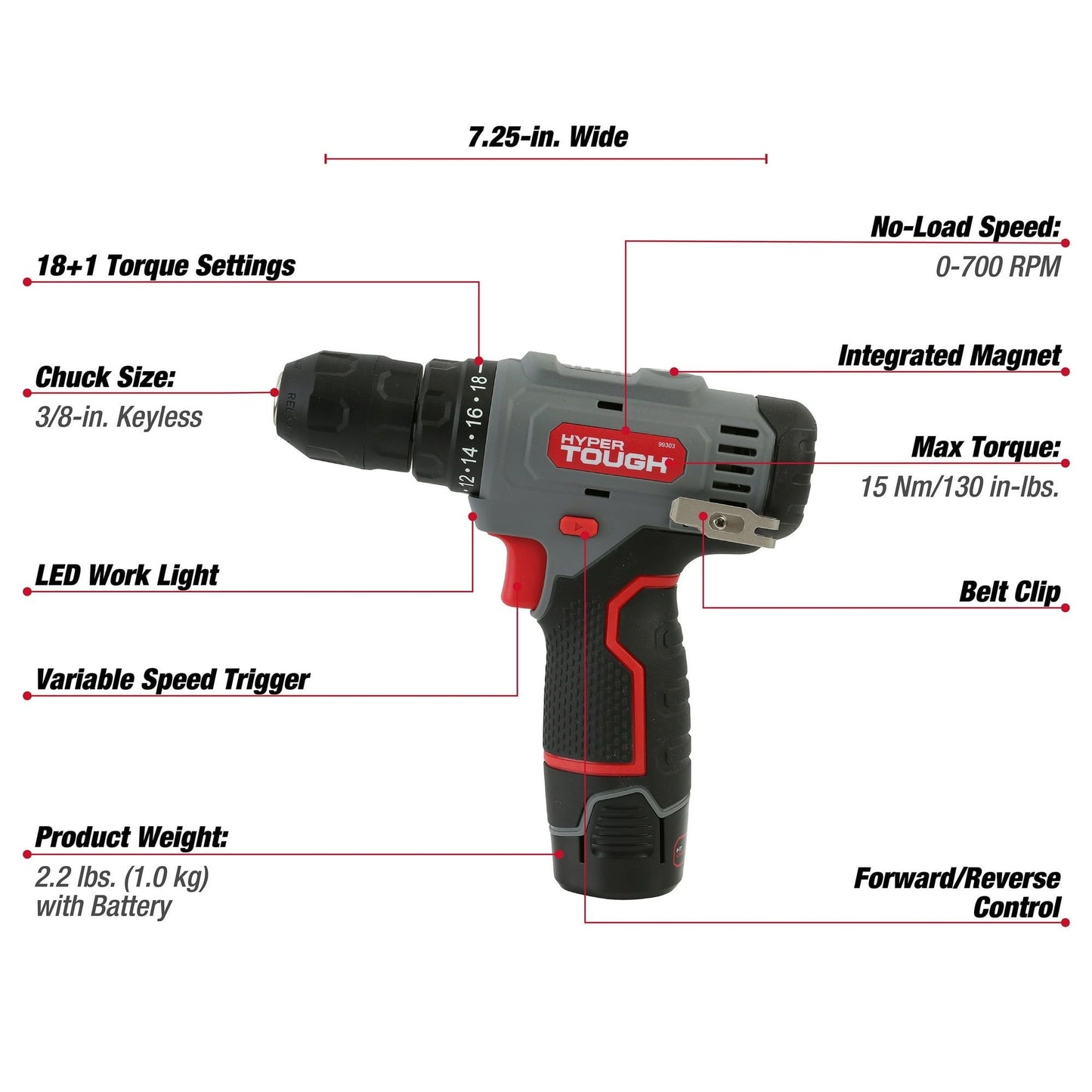 Hyper Tough 12V Max 3/8" Cordless Drill Driver with Battery