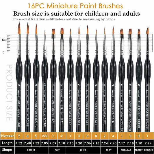 Brusarth 16pcs Mini Detail Paint Brushes Set for Acrylics Oils Watercolors